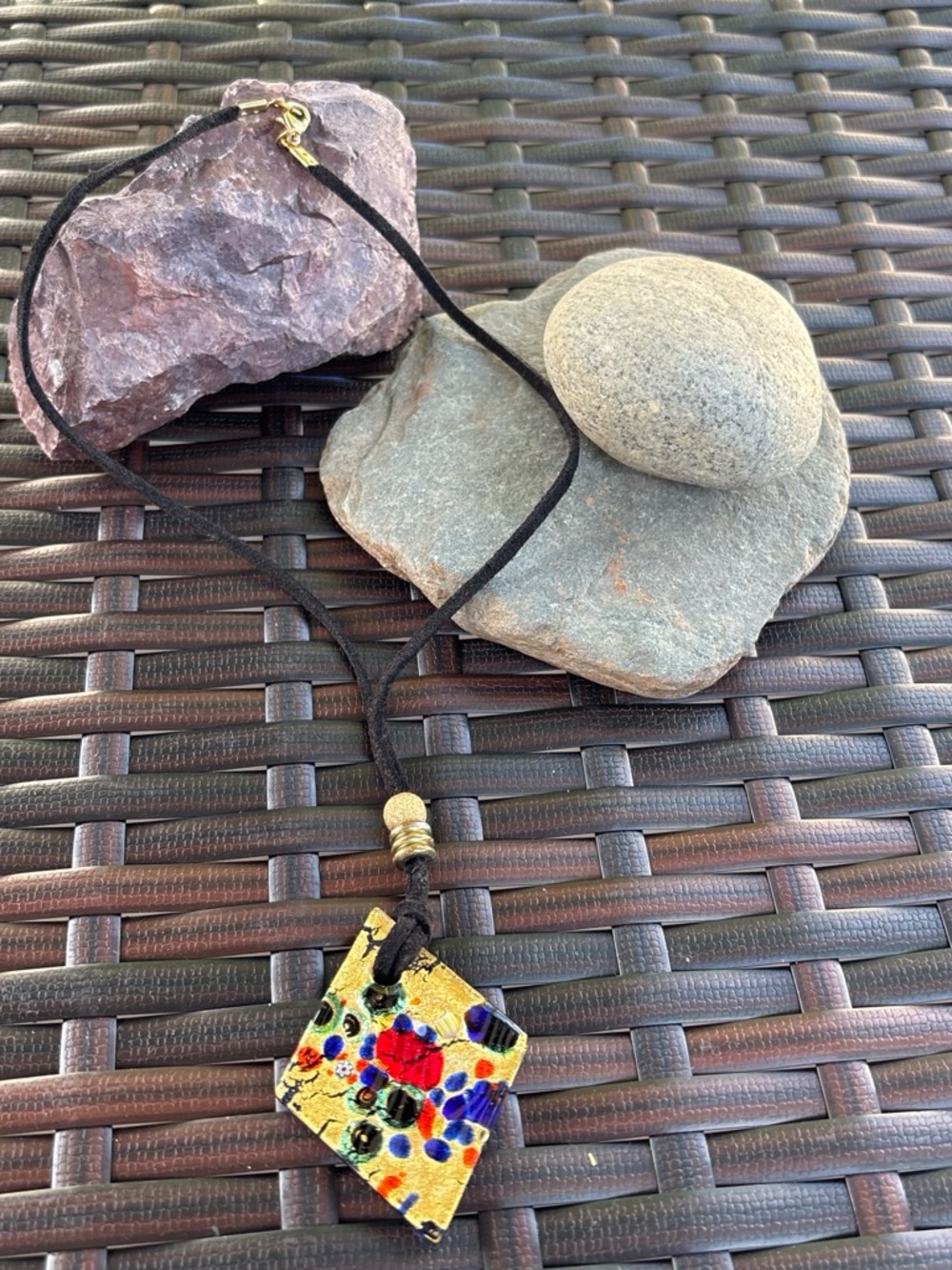 Artisan Gold and Multicolor Speckle Tile Pendant Necklace